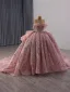 Luxus / Herrlich Rosa Handgefertigt Perlenstickerei Pailletten Perle Ballkleider 2025 Ballkleid Bandeau Ärmellos Rückenfreies Königliche Schleppe Festliche Kleider