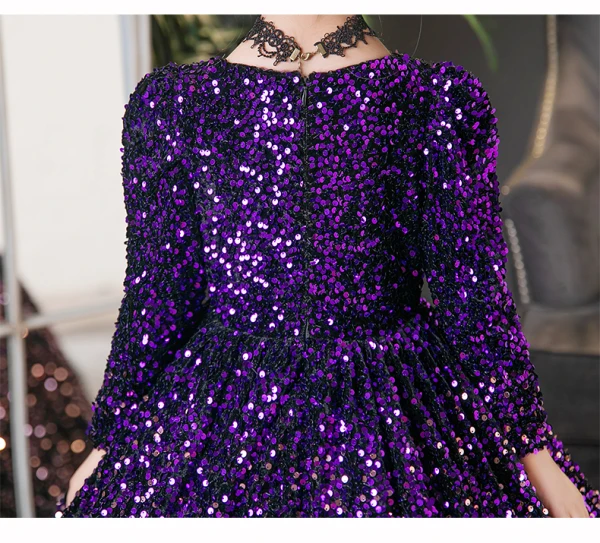 Sparkly Purple Sequins Birthday Flower Girl Dresses 2024 Ball Gown V-Neck Long Sleeve Floor-Length / Long Sparkly Purple Sequins Birthday Flower Girl Dresses 2024 Ball Gown V-Neck Long Sleeve Floor-Length / Long
