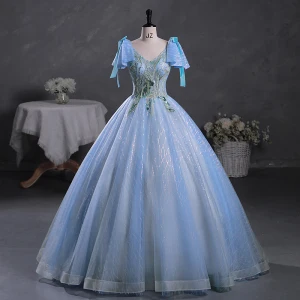 Mode Bleu Ciel Perlage Paillettes Robe De Bal 2023 Robe Boule V Cou Noeud Manches Courtes Dos Nu Longue Promo Robe De Ceremonie