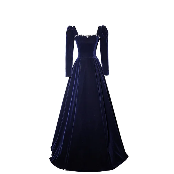 Vintage / Retro Navy Blue Suede Evening Dresses 2023 A-Line / Princess Square Neckline Long Sleeve Backless Bow Floor-Length / Long Evening Party Formal Dresses