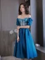 Chic / Belle Océan Bleu de retour Robe De Graduation 2022 Satin Princesse Encolure Carrée Manches Courtes Dos Nu Thé Longueur Robe De Ceremonie