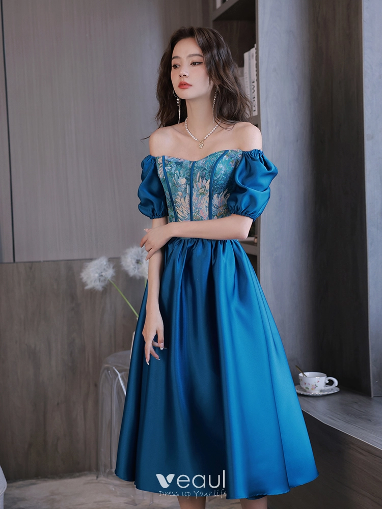 Chic Beautiful Ocean Blue Homecoming Graduation Dresses 2022 Satin A Line  Princess Square Neckline Short Sleeve Backless Tea Length Formal Dresses