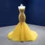 High-end Sparkly Yellow Beading Rhinestone Sequins Prom Dresses 2022 Trumpet / Mermaid With Cloak Spaghetti Straps Sleeveless Backless Court Train Formal Dresses