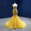 High-end Sparkly Yellow Beading Rhinestone Sequins Prom Dresses 2022 Trumpet / Mermaid With Cloak Spaghetti Straps Sleeveless Backless Court Train Formal Dresses