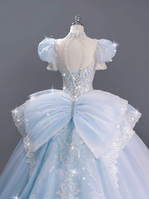 Luxury / Gorgeous Sky Blue Beading Rhinestone Lace Flower Wedding Dresses 2023 Ball Gown High Neck Puffy Short Sleeve Backless Bow Royal Train