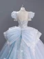 Luxury / Gorgeous Sky Blue Beading Rhinestone Lace Flower Wedding Dresses 2023 Ball Gown High Neck Puffy Short Sleeve Backless Bow Royal Train