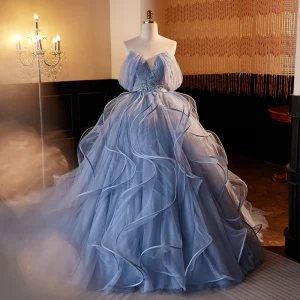 Fashion Sky Blue Pearl Sequins Lace Flower Cascading Ruffles Prom Dresses 2023 Ball Gown Strapless Sleeveless Backless Court Train Prom Formal Dresses
