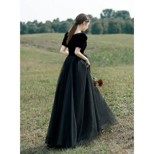 Elegant Black Prom Dresses 2022 A-Line / Princess Square Neckline Short Sleeve Backless Floor-Length / Long Formal Dresses