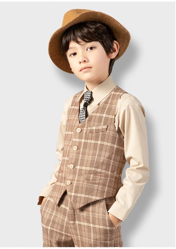Tan Plaid 5-piece Boys Wedding Suits 2022 Long Sleeve Coat Pants Shirt Tie Vest