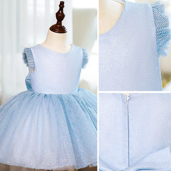 Modest / Simple Sky Blue Glitter Spotted Birthday Flower Girl Dresses 2022 Ball Gown Scoop Neck Short Sleeve Bow Short Flower Girl Dresses
