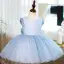Modest / Simple Sky Blue Glitter Spotted Birthday Flower Girl Dresses 2022 Ball Gown Scoop Neck Short Sleeve Bow Short Flower Girl Dresses