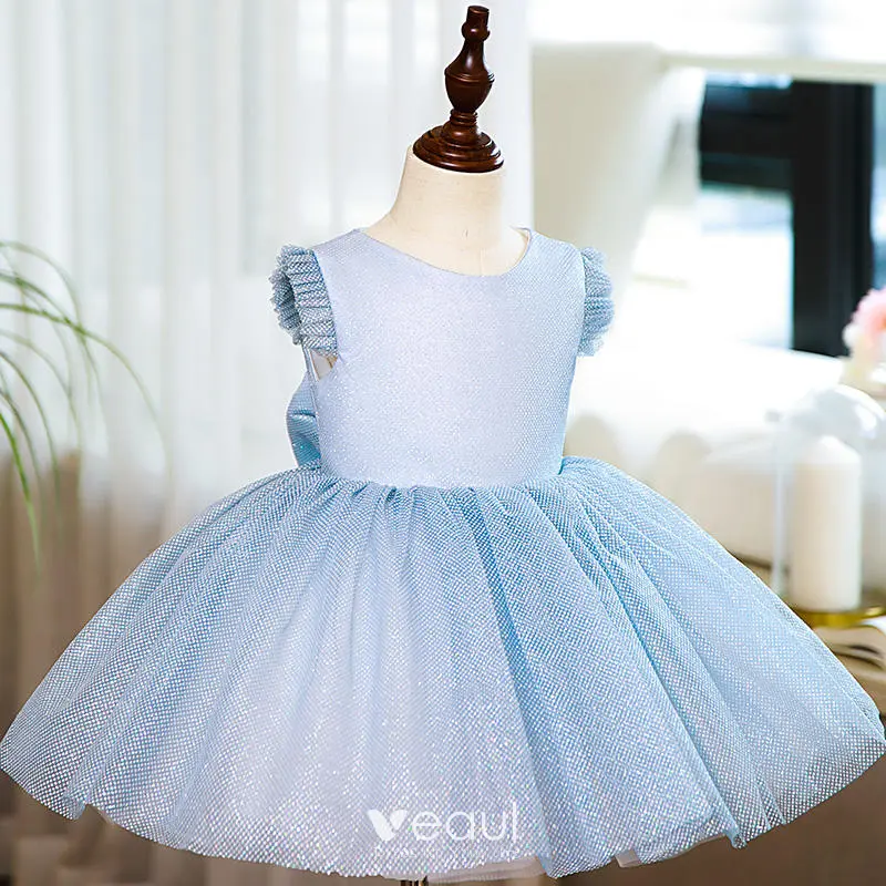 Modest / Simple Sky Blue Glitter Spotted Birthday Flower Girl Dresses 2022 Ball Gown Scoop Neck Short Sleeve Bow Short Flower Girl Dresses Modest / Simple Sky Blue Glitter Spotted Birthday Flower Girl Dresses 2022 Ball Gown Scoop Neck Short Sleeve Bow Short Flower Girl Dresses