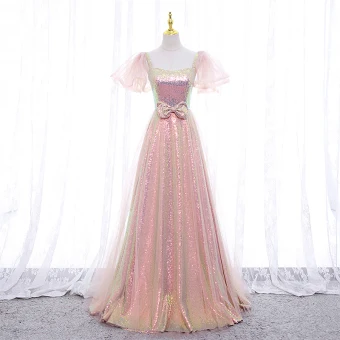 Scintillantes Rose Bonbon Paillettes Robe De Bal 2022 Princesse Encolure Carrée Gonflée Manches Courtes Dos Nu Noeud Longue Robe De Ceremonie