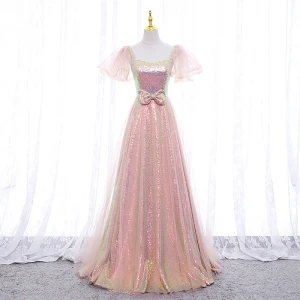 Brillante Rosa Lentejuelas Vestidos De Gala 2022 A Line Princess Escote Cuadrado Hinchado Manga Corta Sin Espalda Bowknot Largos Vestidos Formales