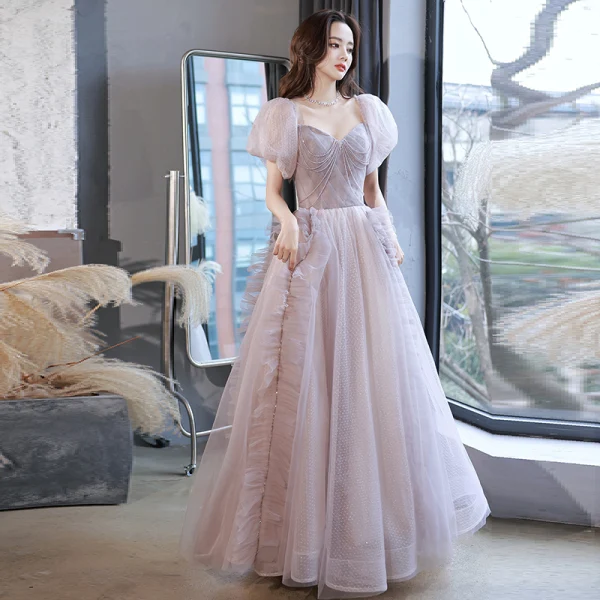 Chic / Beautiful Lavender Rhinestone Prom Dresses 2022 A-Line / Princess Square Neckline Puffy Short Sleeve Backless Floor-Length / Long Formal Dresses