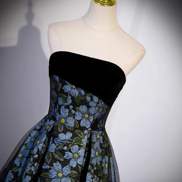 Flower Fairy Charming Printing Black Prom Dresses 2023 A-Line / Princess Strapless Sleeveless Backless Sweep Train Formal Dresses