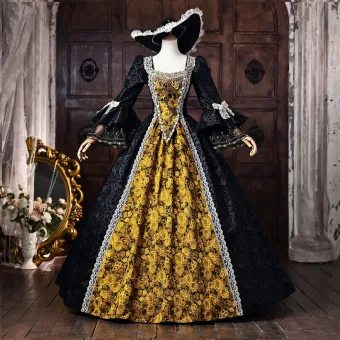 Vintage Originale Médiévale Noire Halloween En Dentelle Fleur Impression Noeud Robe De Bal 2026 Robe Boule Encolure Carrée Manches De Cloche Longue Robe De Ceremonie