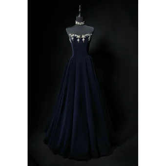 Chic Belle Bleu Marine Faux Diamant Velours Robe De Bal 2024 Princesse Bustier Sans Manches Dos Nu Longue Promo Robe De Ceremonie