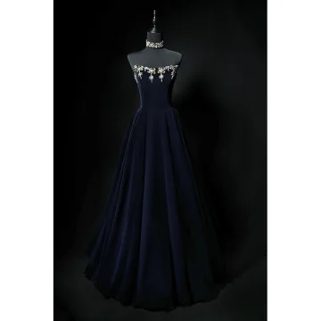 Mooie Prachtige Donkerblauwe Rhinestone Flueel Galajurken 2024 A Lijn Strapless Mouwloos Ruglooze Lange Gala Gelegenheid Jurken