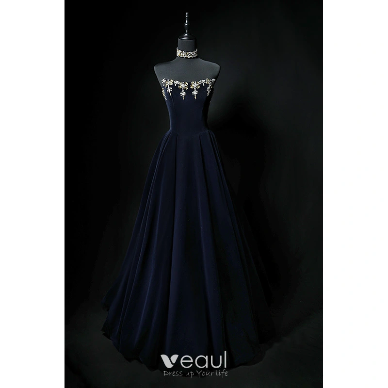 Chic / Beautiful Navy Blue Rhinestone Velvet Prom Dresses 2024 A-Line /  Princess Strapless Sleeveless Backless Floor-Length / Long Prom Formal  Dresses