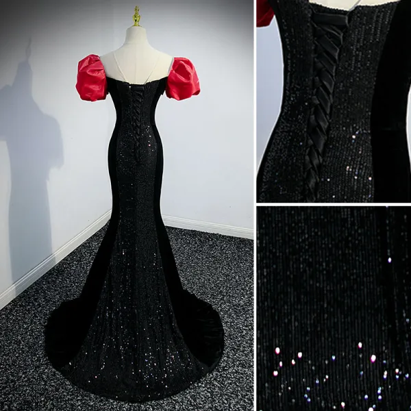 Sexy Noire Paillettes Noeud Robe De Soirée 2022 Trompette / Sirène Encolure Dégagée Gonflée Manches Courtes Dos Nu Train De Balayage Soirée Robe De Ceremonie