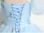 Elegant Sky Blue Pearl Lace Flower Appliques Prom Dresses 2024 Ball Gown U-Neck Short Sleeve Backless Floor-Length / Long Prom Formal Dresses