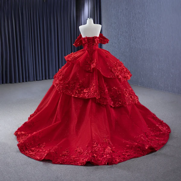 High-end Burgundy Glitter Pearl Appliques Cascading Ruffles Prom Dresses 2023 Ball Gown Off-The-Shoulder Sleeveless Backless Court Train Prom Formal Dresses