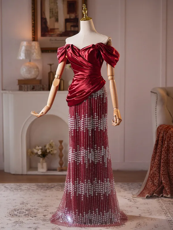 Charming Burgundy Beading Tassel Prom Dresses 2026 Trumpet / Mermaid Off-The-Shoulder Short Sleeve Floor-Length / Long Formal Dresses