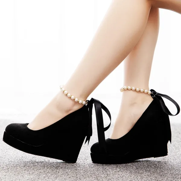 Roman Red Pearl Ankle Strap Bow Prom Womens Shoes 2025 10 cm Wedges Round Toe Womens Shoes