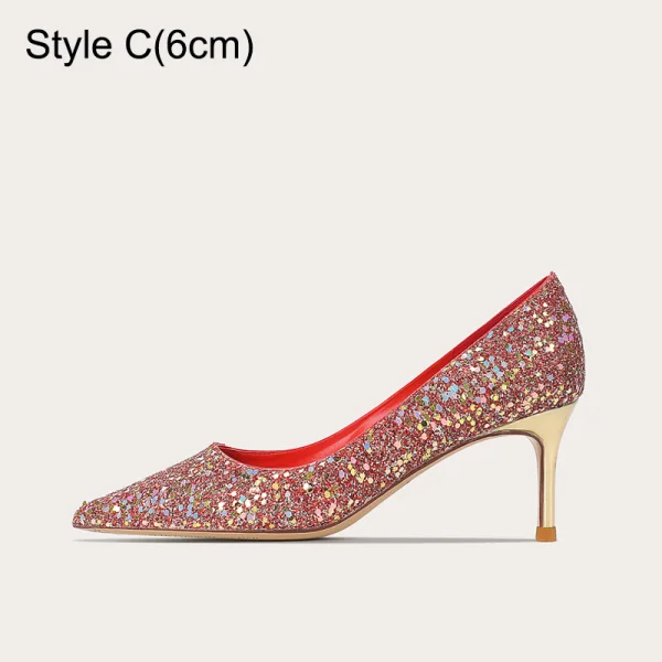 Sexy Multifarben Pailletten Leder Rot Brautschuhe 2023 10 cm Stilettos Spitzschuh Hochzeit Pumps Hochhackige