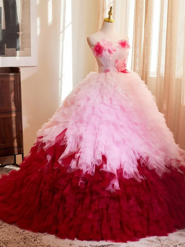 Fashion Blushing Pink Two Tone Appliques Cascading Ruffles Prom Dresses 2024 Ball Gown Strapless Sleeveless Backless Sweep Train Prom Formal Dresses