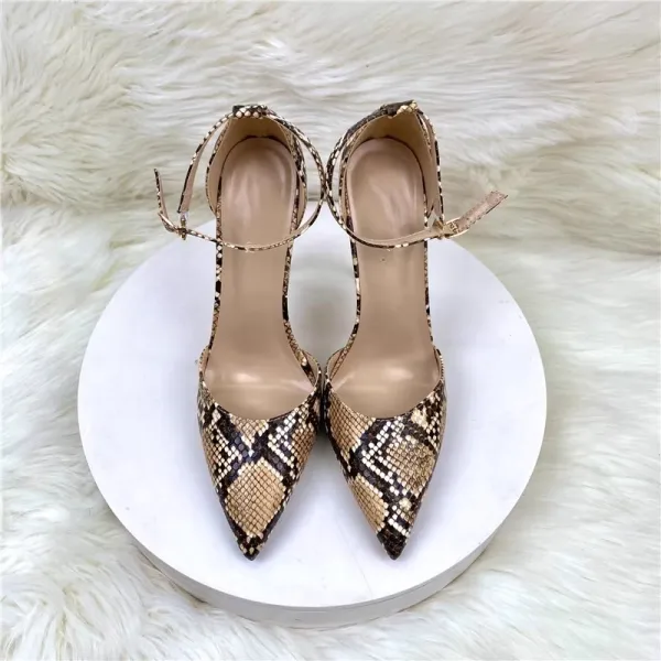 Fashion Brown Snakeskin Print Evening Party Womens Sandals 2023 Ankle Strap 12 cm Stiletto Heels Pointed Toe Sandals High Heels