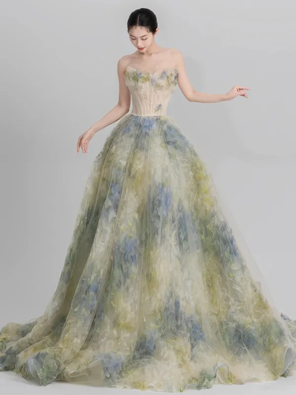Fashion Flower Fairy Sage Green Appliques Prom Dresses 2024 A-Line / Princess Strapless Sleeveless Backless Sweep Train Prom Formal Dresses