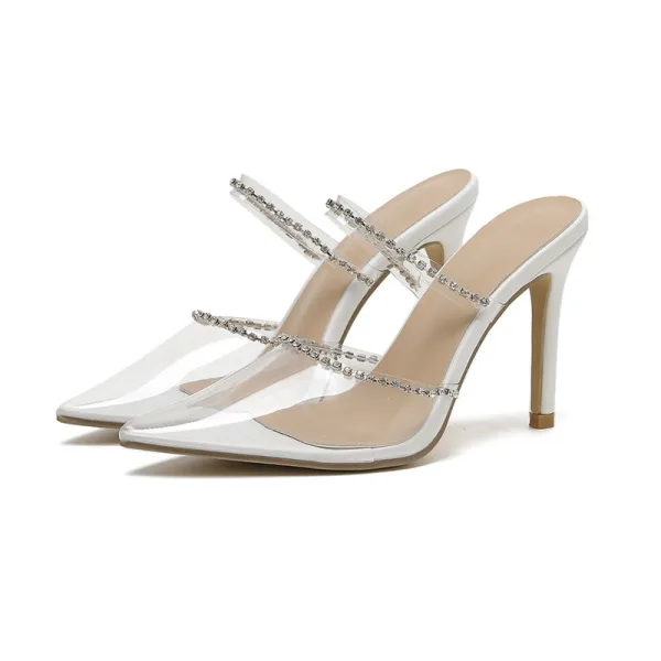 Sexy White Summer Rhinestone Evening Party Womens Sandals 2022 10 cm Stiletto Heels Open / Peep Toe Sandals High Heels