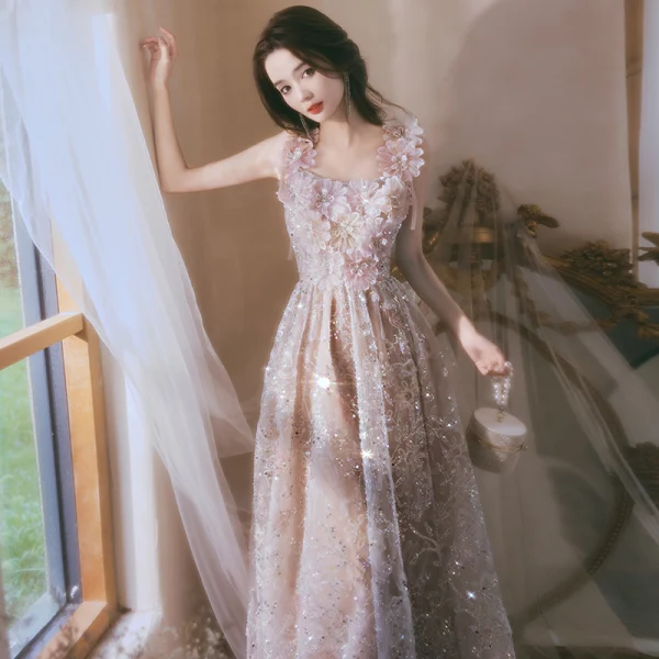 Flower Fairy Blushing Pink Beading Sequins Appliques Prom Dresses 2024 A-Line / Princess Square Neckline Sleeveless Backless Floor-Length / Long Prom Formal Dresses