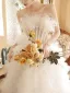 Charming White Tassel Pearl Cascading Ruffles Wedding Dresses 2024 A-Line / Princess Strapless Sleeveless Backless Court Train Wedding