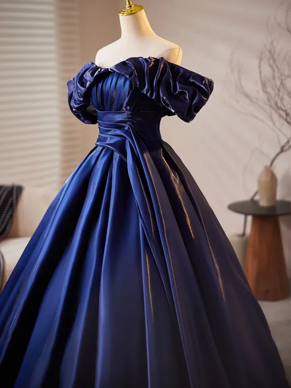 Vintage / Retro Navy Blue Satin Prom Dresses 2025 Ball Gown Off-The-Shoulder Short Sleeve Backless Floor-Length / Long Prom Formal Dresses