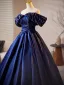 Vintage / Retro Navy Blue Satin Prom Dresses 2025 Ball Gown Off-The-Shoulder Short Sleeve Backless Floor-Length / Long Prom Formal Dresses