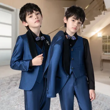 Bleu Marine 5 Pièces Manches Longues Costume Garçon Mariage 2022 Manteau Pantalon Chemise Cravate Gilet
