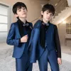 Navy Blue 5-piece Long Sleeve Boys Wedding Suits 2022 Coat Pants Shirt Tie Vest