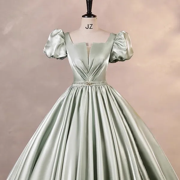 Modest / Simple Sage Green Satin Prom Dresses 2023 Ball Gown Square Neckline Puffy Short Sleeve Backless Floor-Length / Long Prom Formal Dresses