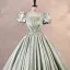 Modest / Simple Sage Green Satin Prom Dresses 2023 Ball Gown Square Neckline Puffy Short Sleeve Backless Floor-Length / Long Prom Formal Dresses