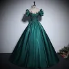 Vintage / Retro Dark Green Beading Lace Flower Prom Dresses 2024 Ball Gown Scoop Neck Puffy Short Sleeve Backless Floor-Length / Long Prom Formal Dresses