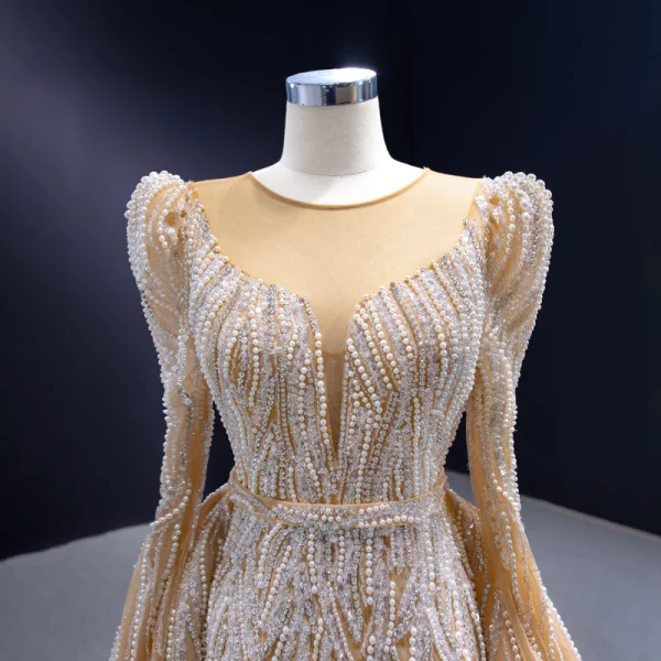 High-end Gold Handmade Beading Pearl Rhinestone Sequins Wedding Dresses 2023 Trumpet / Mermaid Scoop Neck Long Sleeve Court Train Wedding