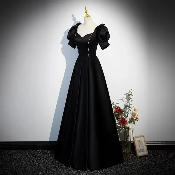 Elegant Black Evening Dresses 2023 A-Line / Princess Square Neckline Bow Puffy Short Sleeve Backless Floor-Length / Long Evening Party Formal Dresses
