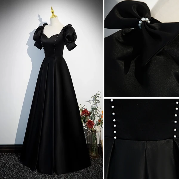 Elegant Black Evening Dresses 2023 A-Line / Princess Square Neckline Bow Puffy Short Sleeve Backless Floor-Length / Long Evening Party Formal Dresses