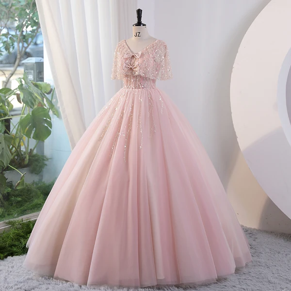 Charmant Rougissant Rose Perlage Noeud Paillettes Robe De Bal 2023 Robe Boule V-Cou Manches Courtes Dos Nu Longue Promo Robe De Ceremonie