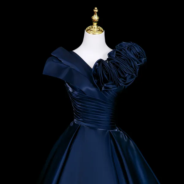 Vintage / Retro Navy Blue Ruffle Flower Prom Dresses 2026 Ball Gown Square Neckline Short Sleeve Backless Floor-Length / Long Formal Dresses