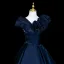 Vintage / Retro Navy Blue Ruffle Flower Prom Dresses 2026 Ball Gown Square Neckline Short Sleeve Backless Floor-Length / Long Formal Dresses