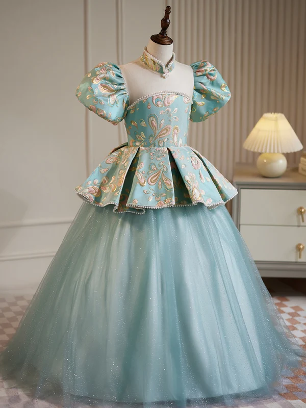 Chinese style Sky Blue Pearl Printing Prom Flower Girl Dresses 2023 Cascading Ruffles Ball Gown High Neck Puffy Short Sleeve Backless Floor-Length / Long Flower Girl Dresses